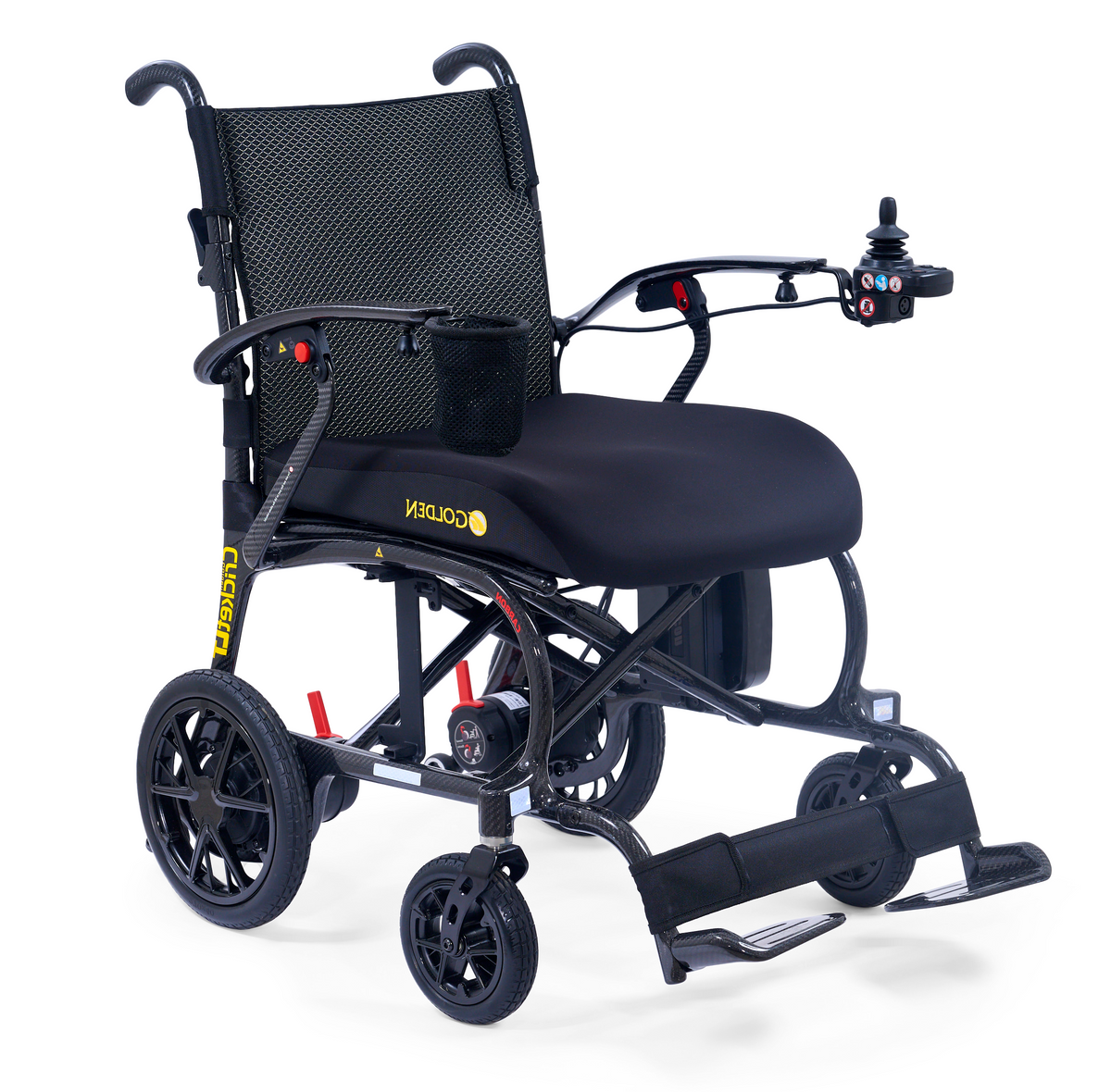 Golden Cricket LT Carbon lightweight folding power wheelchair with carbon fiber frame and compact side-folding design.
