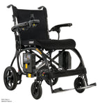 Black electric wheelchair with visible branding on a white background