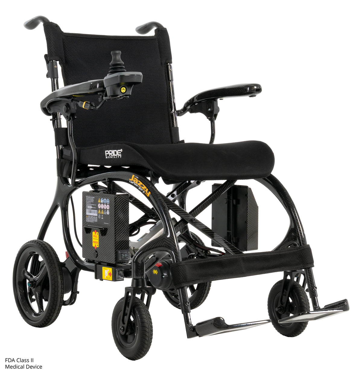 Black electric wheelchair with visible branding on a white background