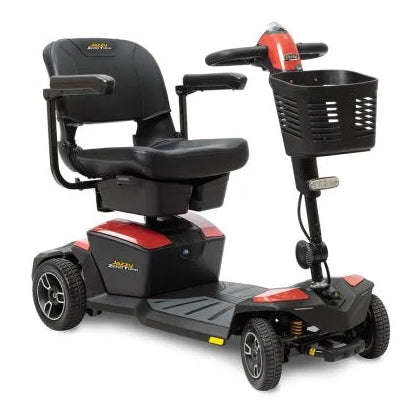 A mobility scooter with a black seat, black basket, and red accents, shown from a three-quarter angle on a white background.