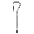 Silver cane with gray handle and wrist strap