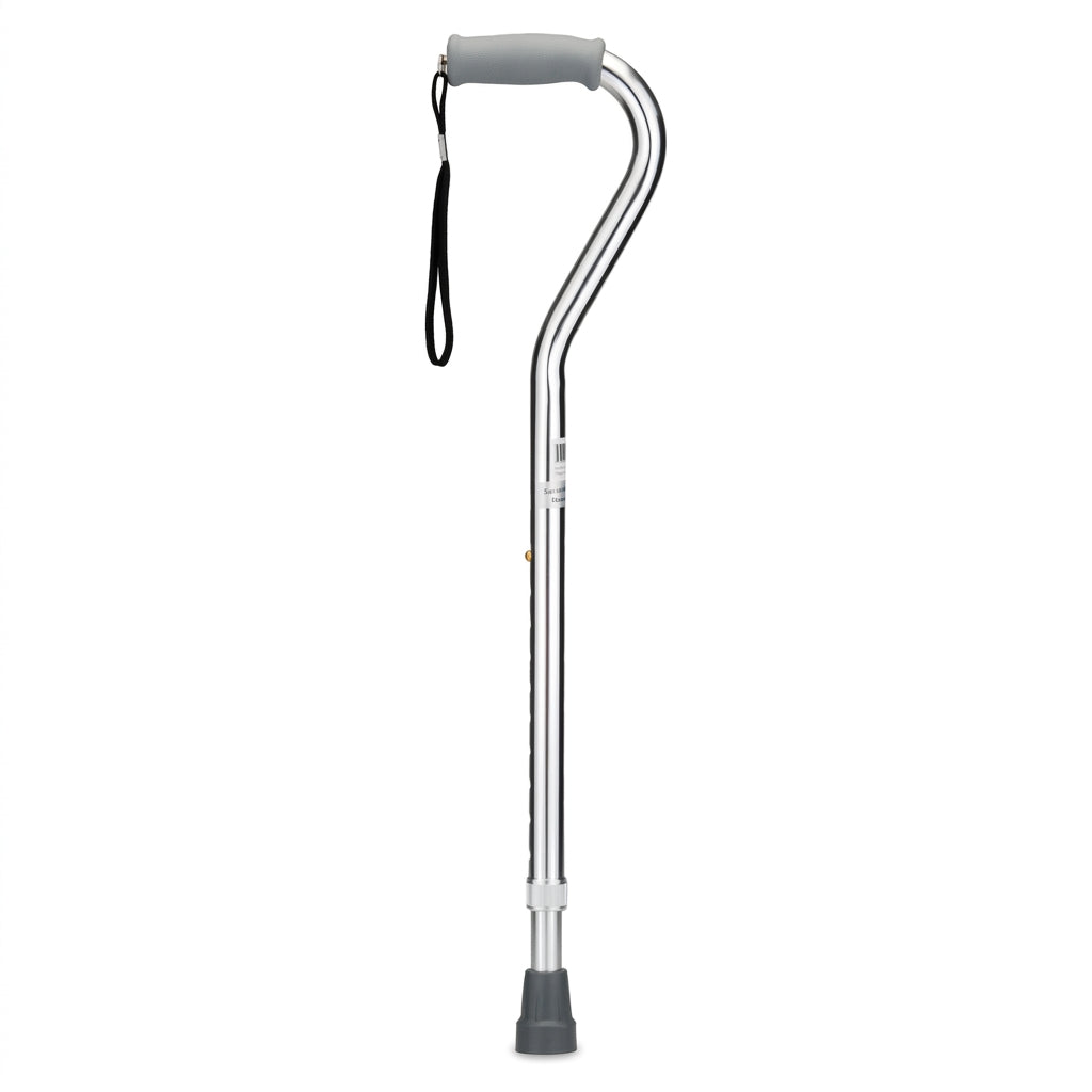 Silver cane with gray handle and wrist strap