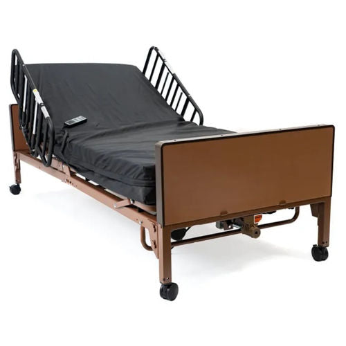 Hospital bed with brown frame and black mattress on a white background