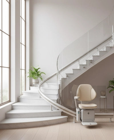 Stairlift in a modern home with a curved staircase