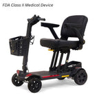 Black mobility scooter with a basket on a white background, labeled as an FDA Class II medical device.