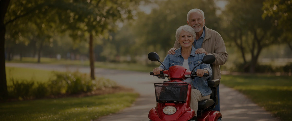 Senior couple riding a red mobility scooter in a park.