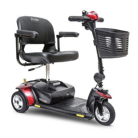 Black and red mobility scooter with a basket on a white background